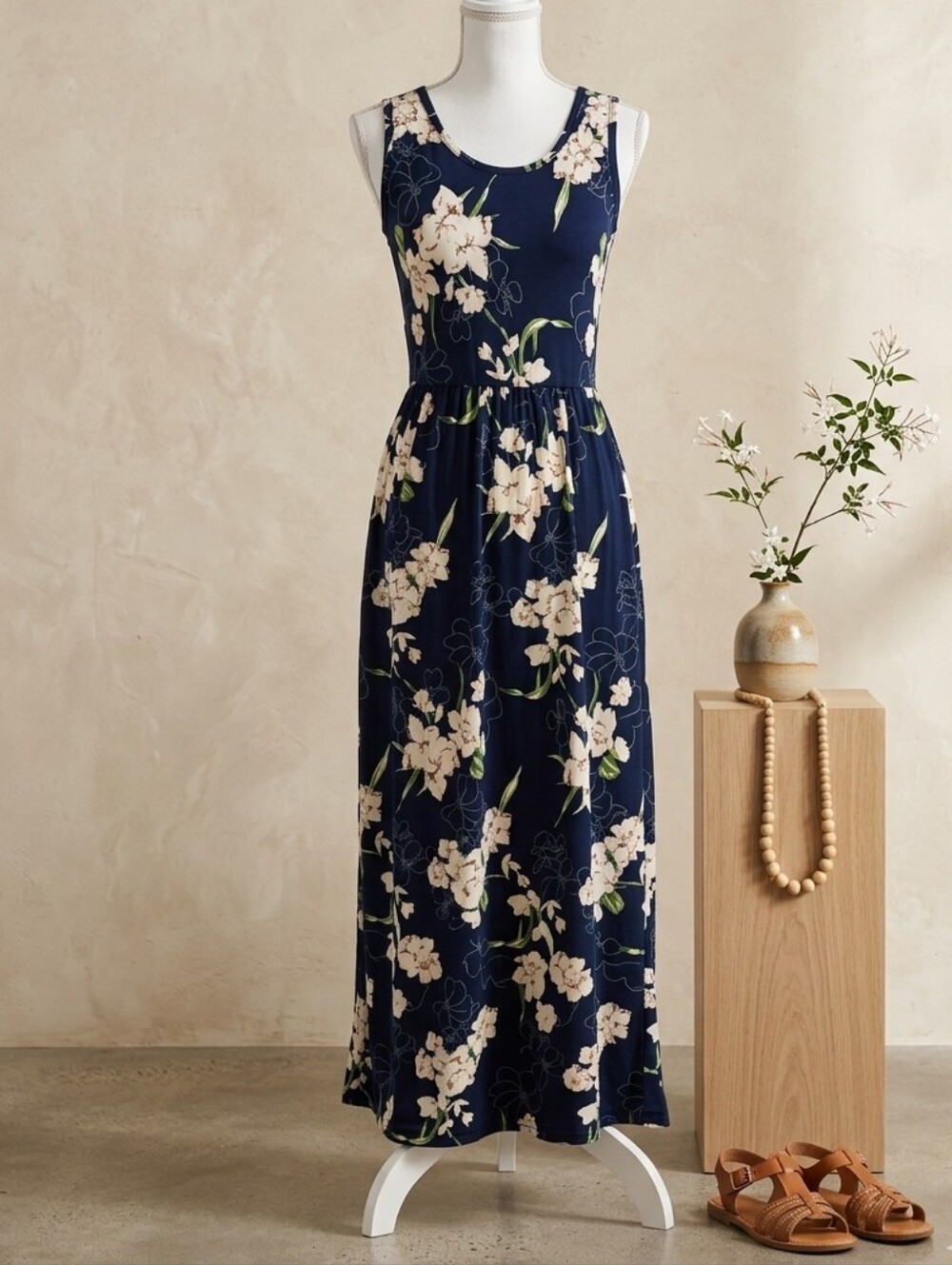AUSELILY Blue Navy Garden Floral Maxi Soft Stretchy Modest Pocket Summer Dress